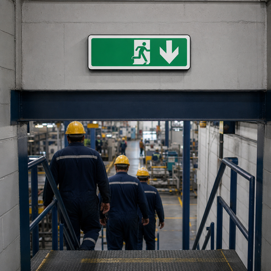 Fire Exit Arrow Down Safety Sign – Text and Pictogram