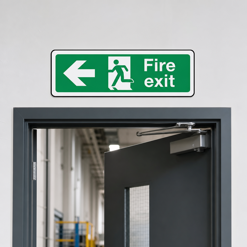 Fire Exit Left Arrow Sign – Text and Pictogram