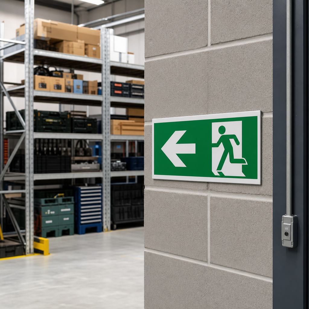 Fire Exit Left Arrow Sign – Text and Pictogram
