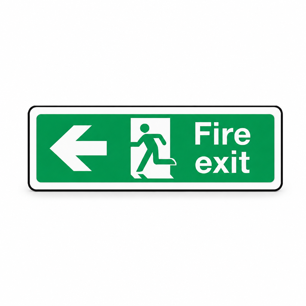 Fire Exit Left Arrow Sign – Text and Pictogram