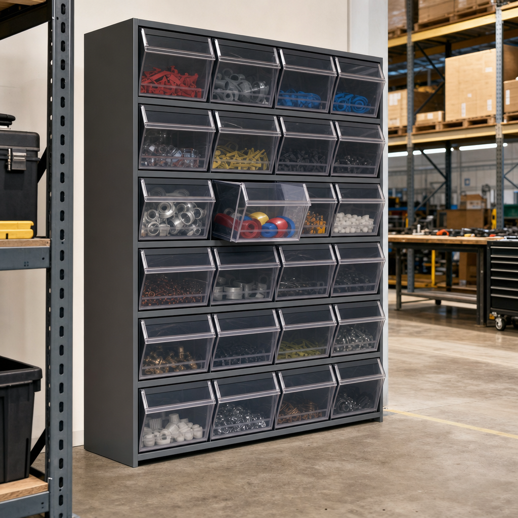 Flip Top Storage Bay with 21 Plastic Boxes
