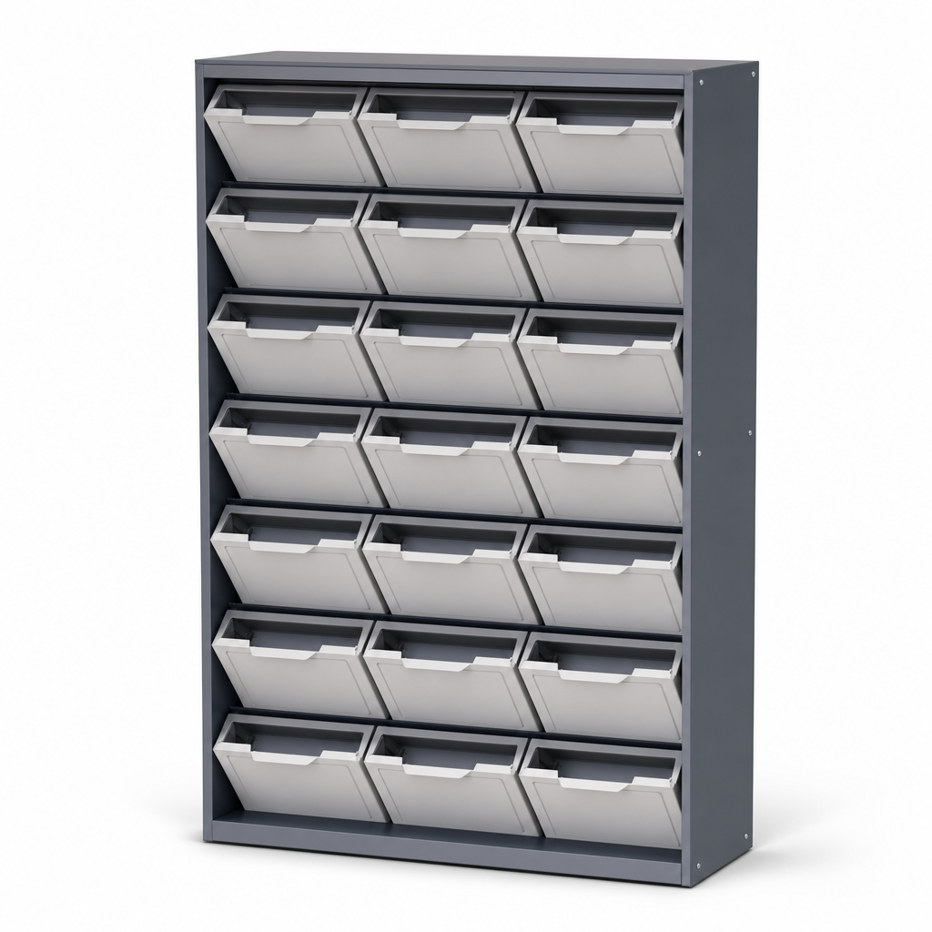 Flip Top Storage Bay with 21 Plastic Boxes