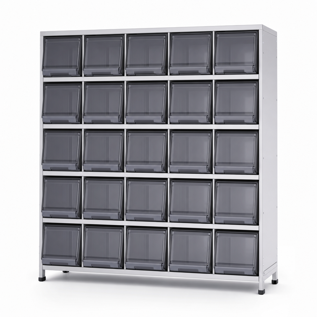Flip Top Storage Bay with 25 Plastic Boxes