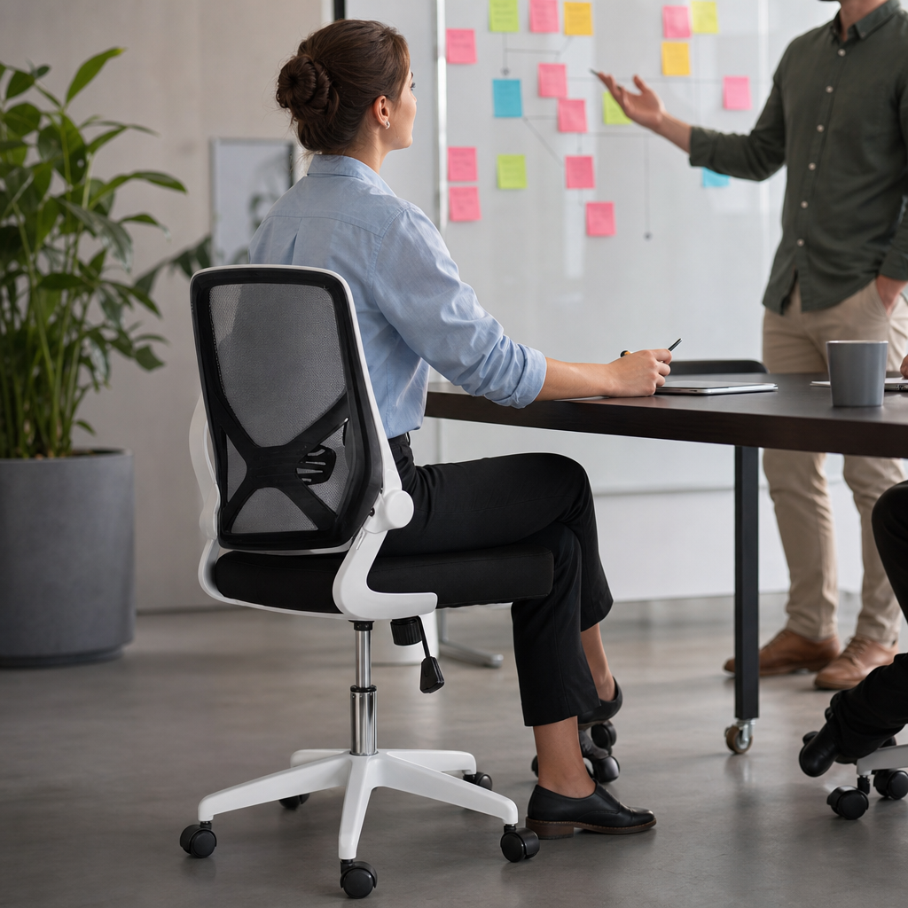 Folding Mesh Back Office Chair with Fabric Seat and Arms