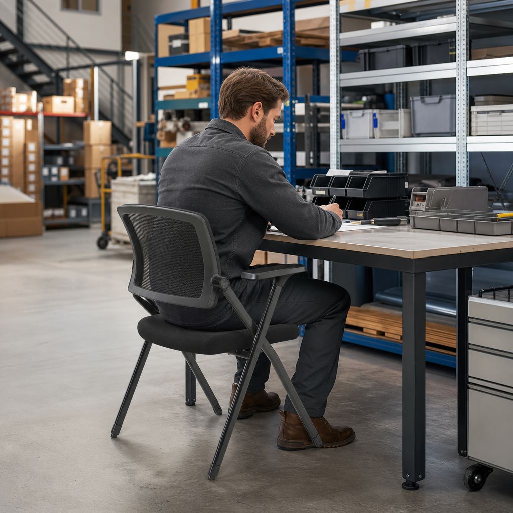 Folding Mesh Back Office Chair with Fabric Seat and Arms