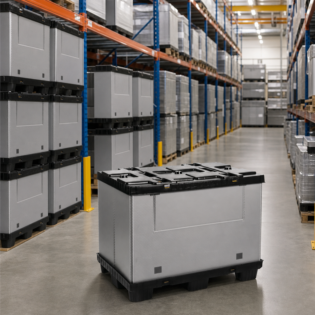 Folding Plastic Pallet Container with Solid Sides and Drop-Down Front