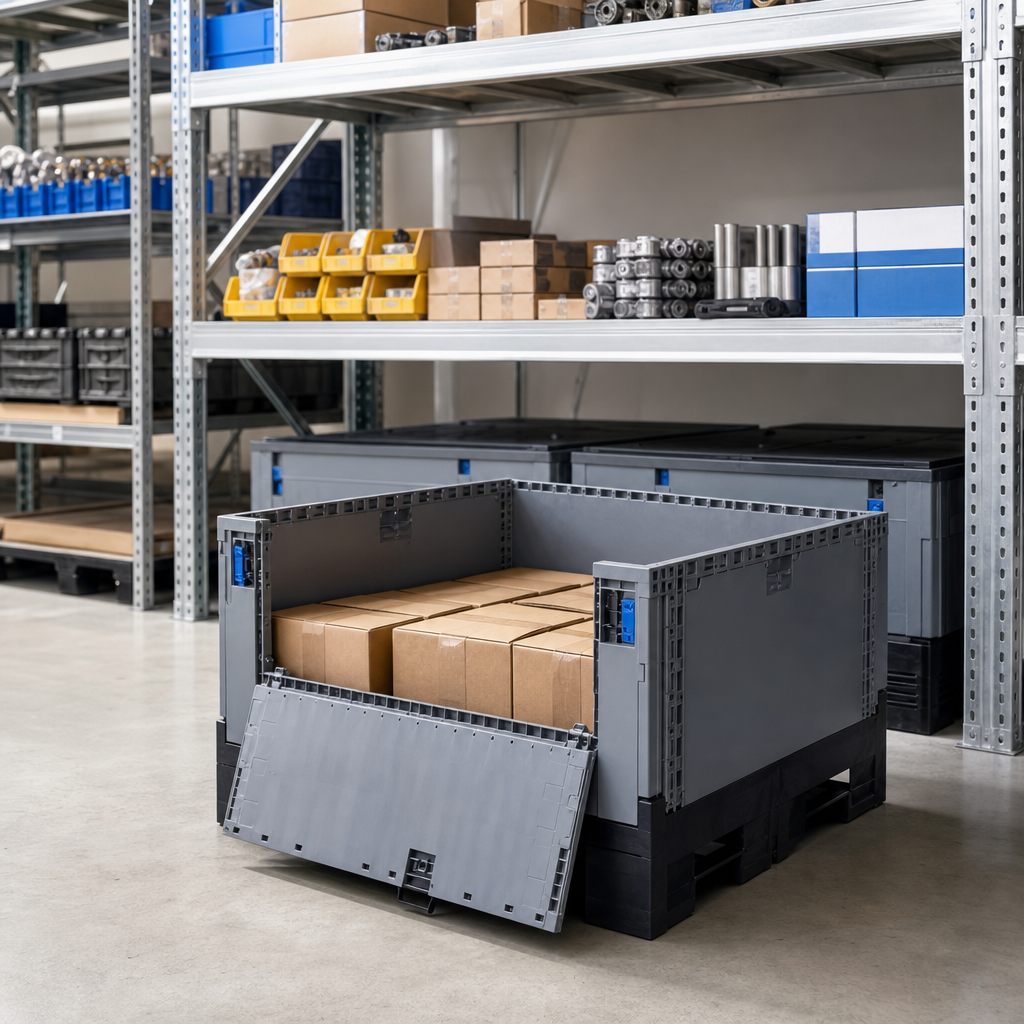 Folding Plastic Pallet Container with Solid Sides and Drop-Down Front