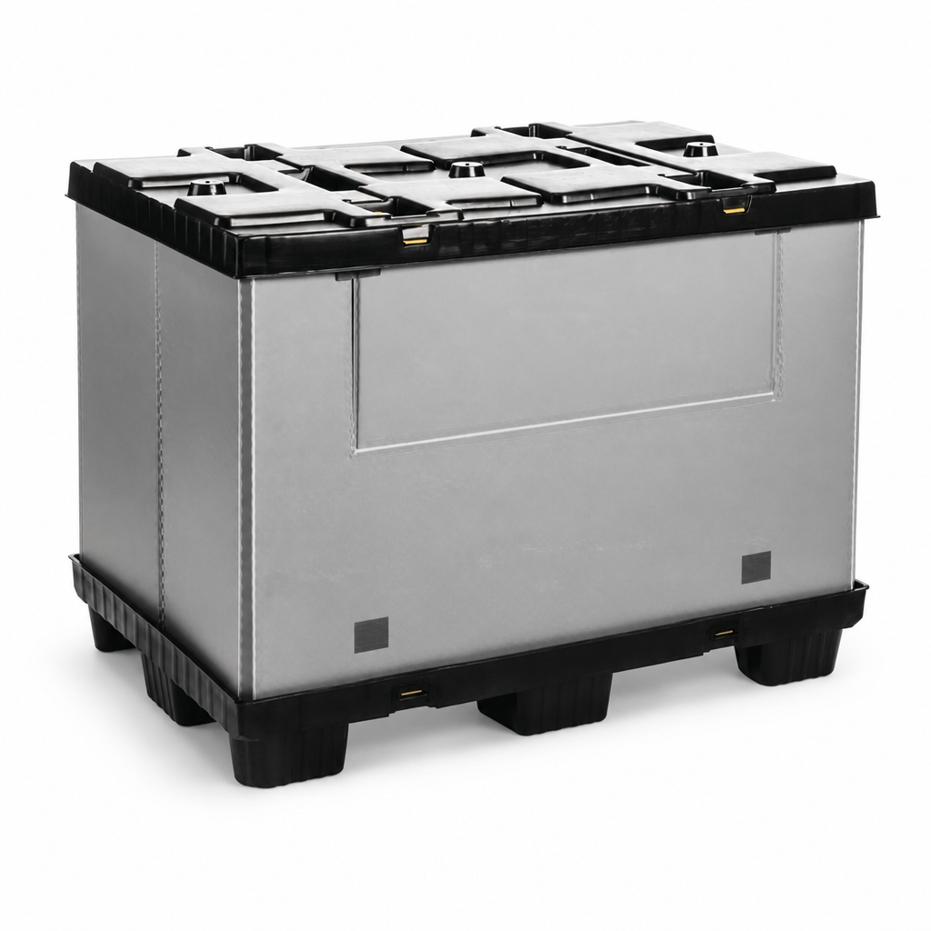 Folding Plastic Pallet Container with Solid Sides and Drop-Down Front