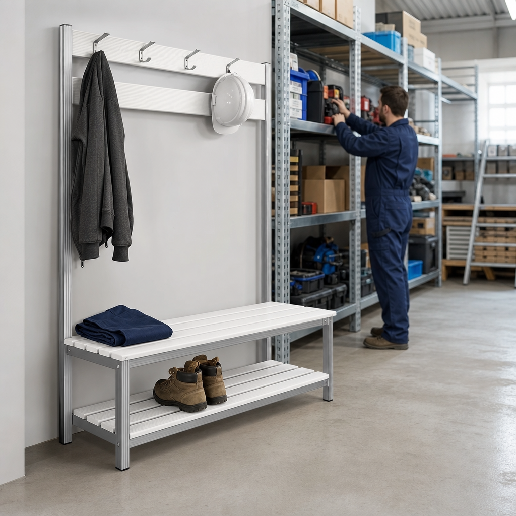 Freestanding Changing Room Bench with White PVC Slats