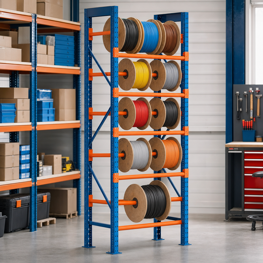 Full Height Steel Reel Rack 1980h x 915w in Blue and Orange
