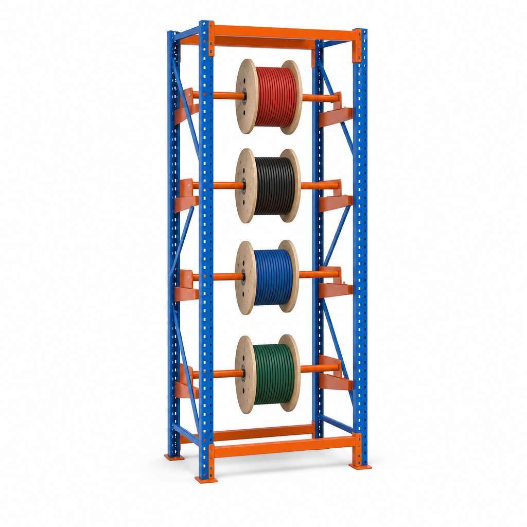Full Height Steel Reel Rack 1980h x 915w in Blue and Orange