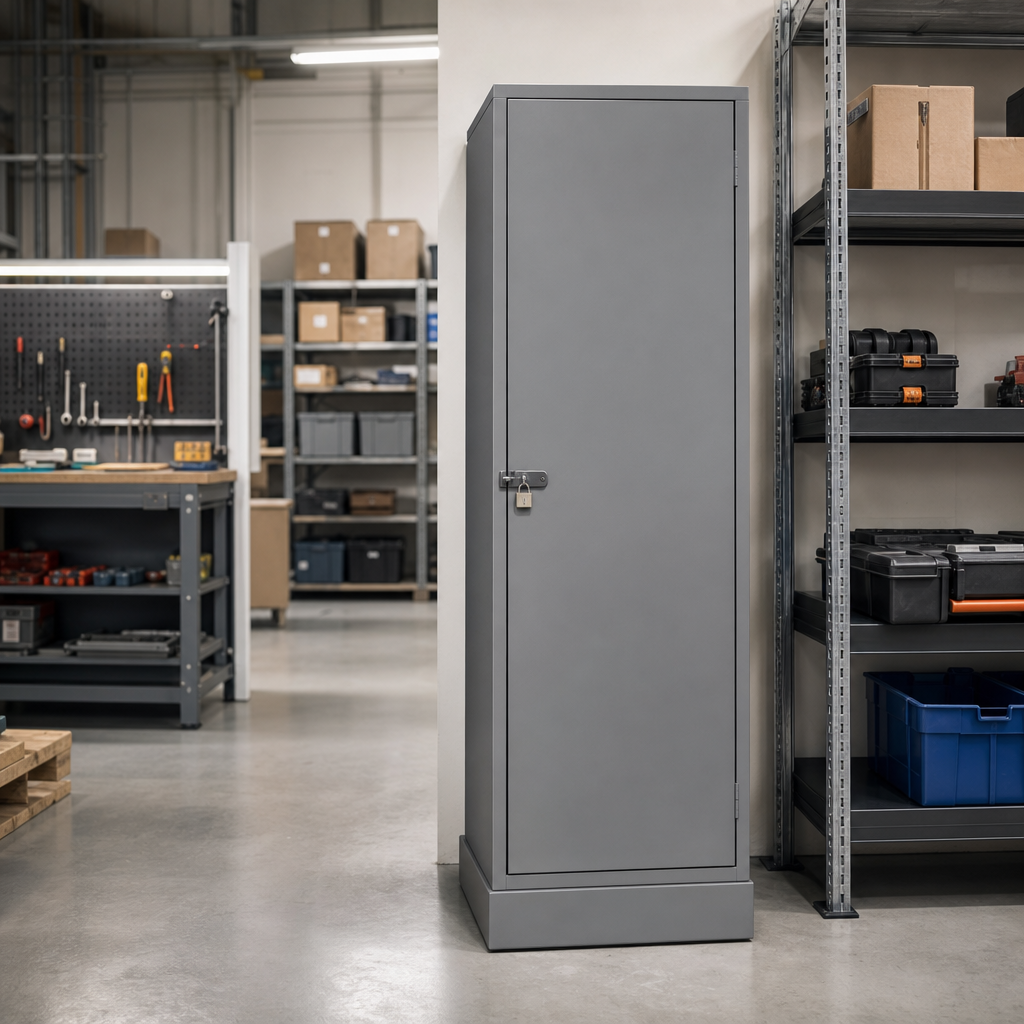 Grey Steel Storage Locker on Plinth with Hasp Lock