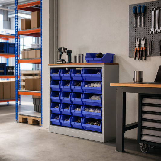 Half Height Storage Cupboard with Plastic Bins