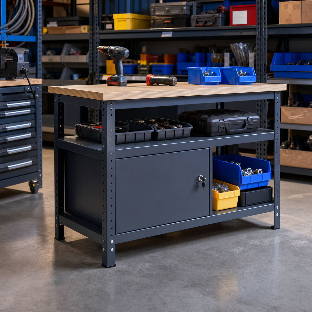 Heavy Duty 2-Shelf Lino Workbench with Lockable Cabinet 840x1500x750mm