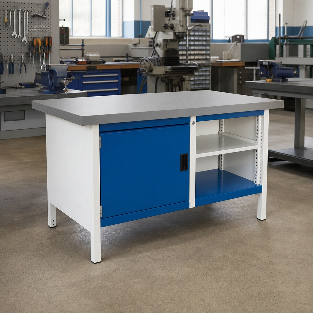 Heavy Duty 2-Shelf Lino Workbench with Lockable Cabinet 840x1500x750mm