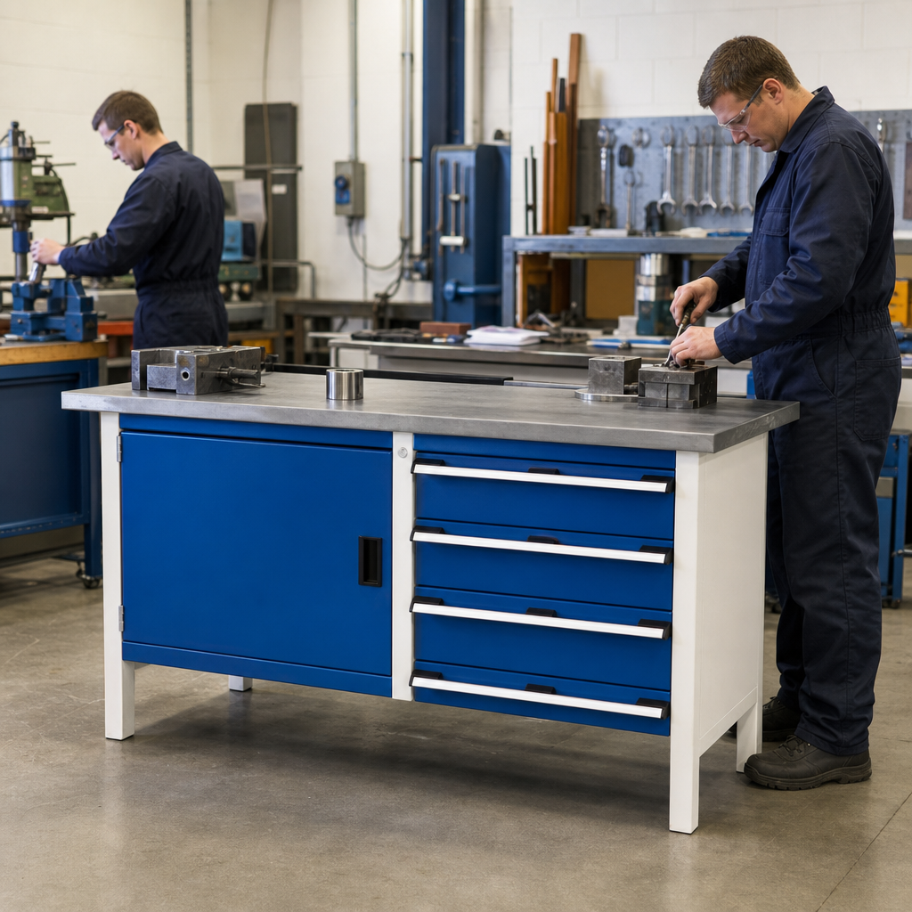 Heavy Duty 3-Drawer Workbench with Lino Top, Shelf & Cabinet