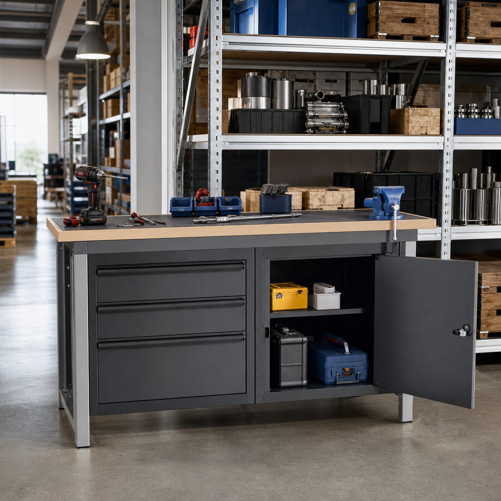 Heavy Duty 3-Drawer Workbench with Lino Top, Shelf & Cabinet