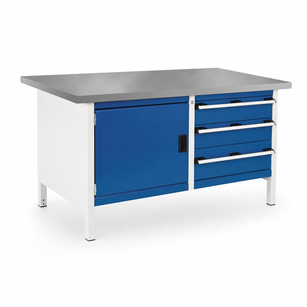 Heavy Duty 3-Drawer Workbench with Lino Top, Shelf & Cabinet