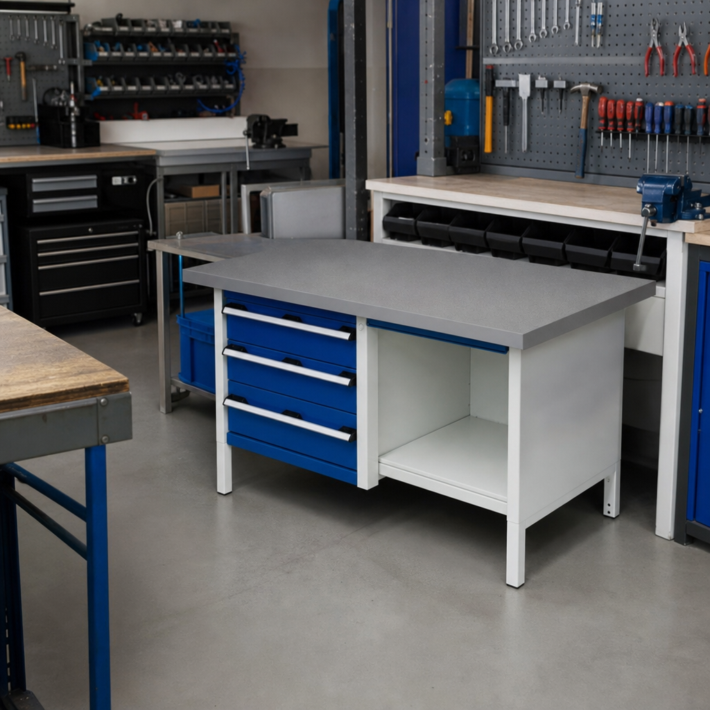 Heavy Duty 3-Drawer Workbench with Linoleum Top and Shelves 1500mm