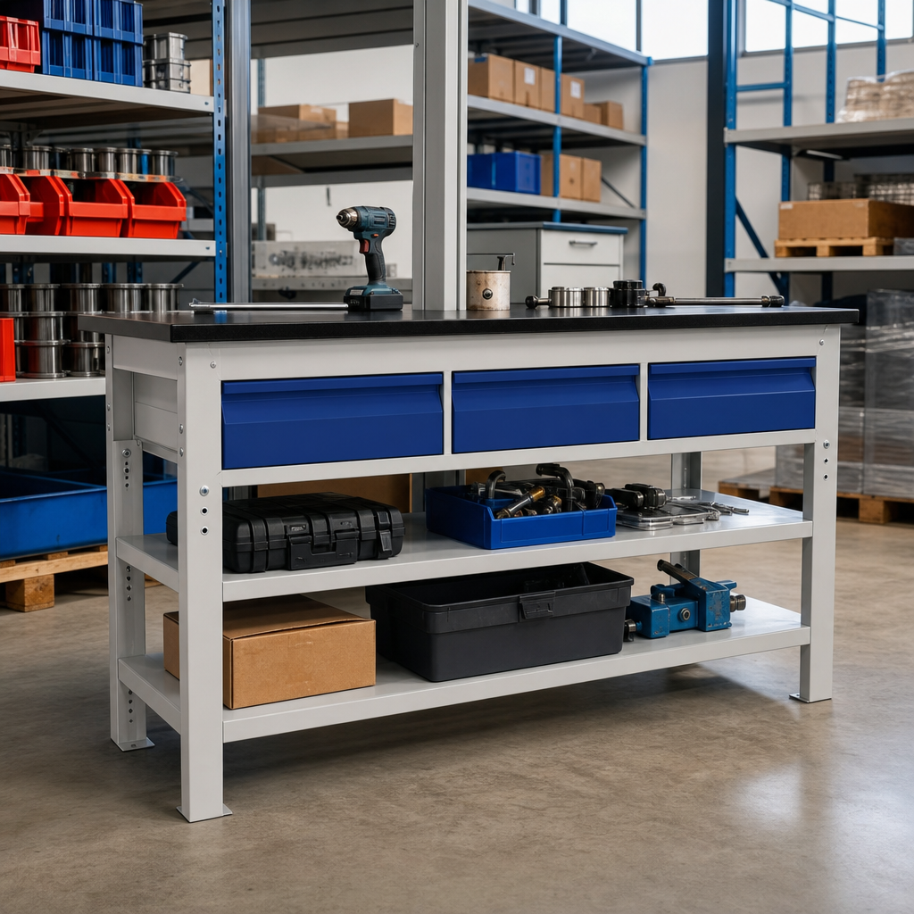 Heavy Duty 3-Drawer Workbench with Linoleum Top and Shelves 1500mm