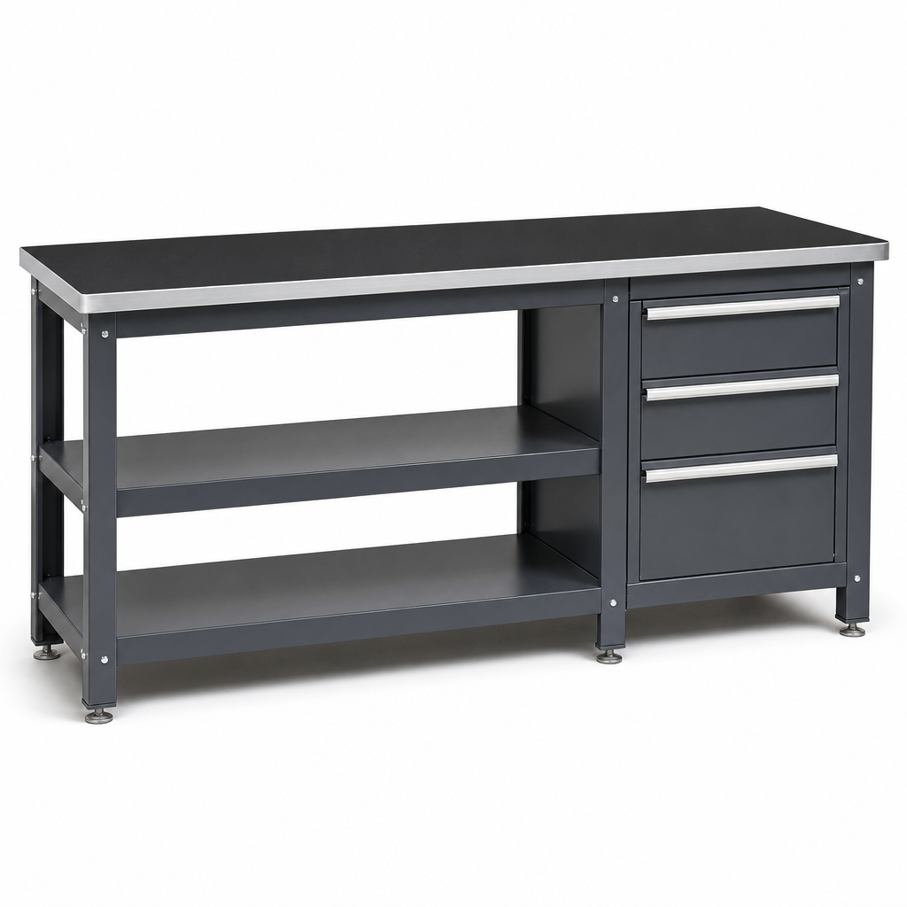 Heavy Duty 3-Drawer Workbench with Linoleum Top and Shelves 1500mm