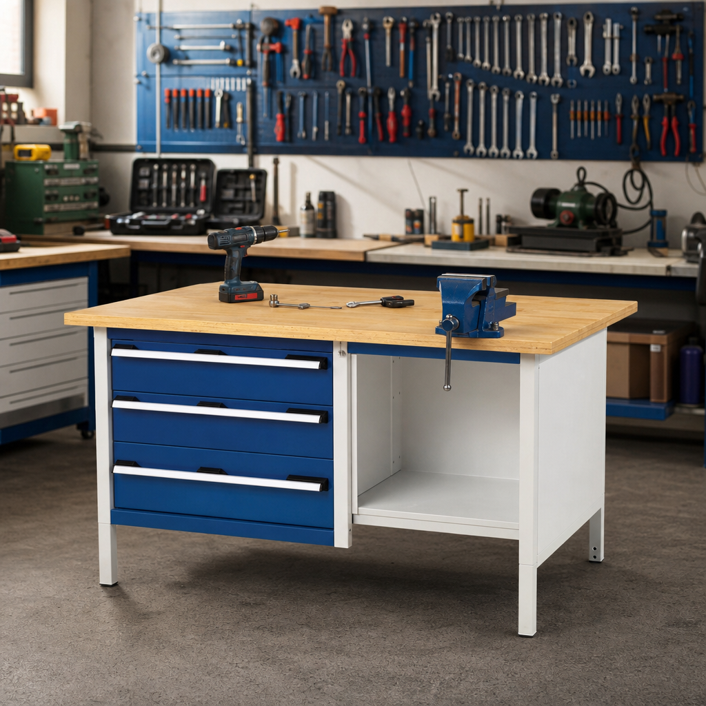 Heavy Duty 3-Drawer Workbench with Wood Top and Shelves