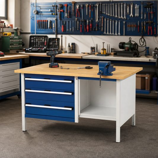 Heavy Duty 3-Drawer Workbench with Wood Top and Shelves