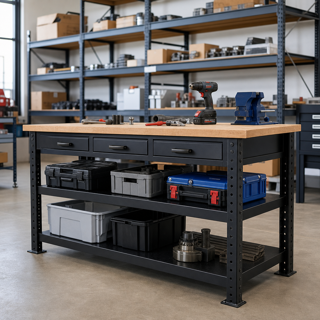 Heavy Duty 3-Drawer Workbench with Wood Top and Shelves