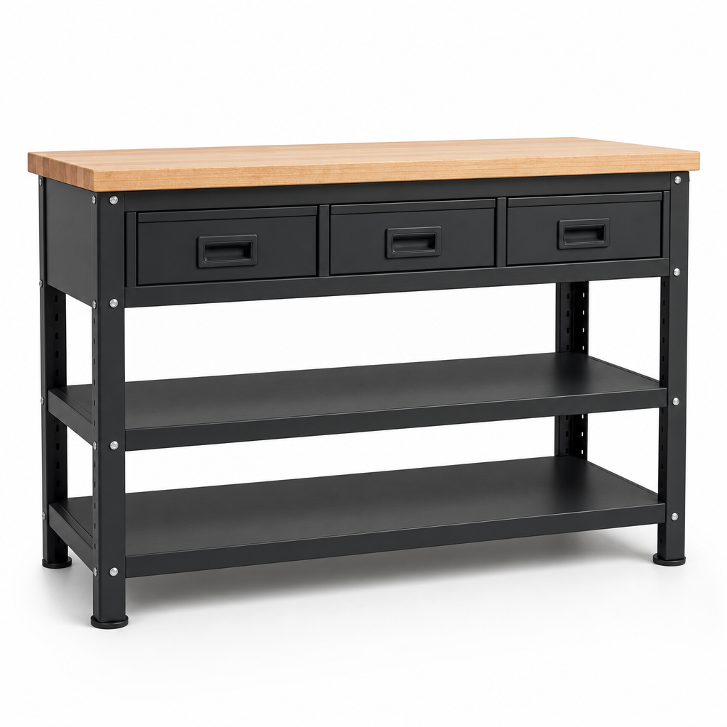 Heavy Duty 3-Drawer Workbench with Wood Top and Shelves