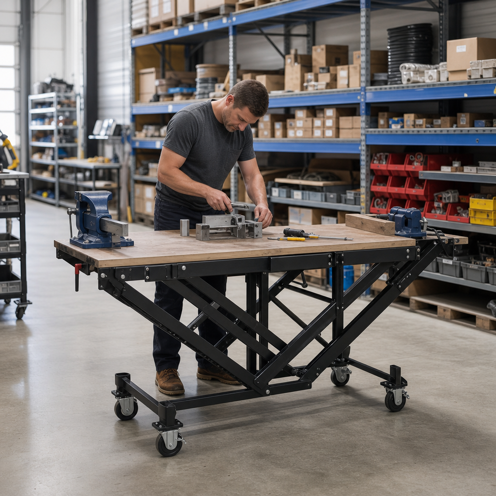 Heavy Duty Folding Mobile Workbench with Optional Wheels and Vices