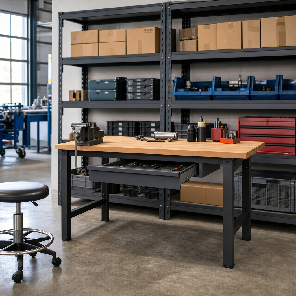 Heavy Duty Industrial Workbench with Drawer and Wooden Top