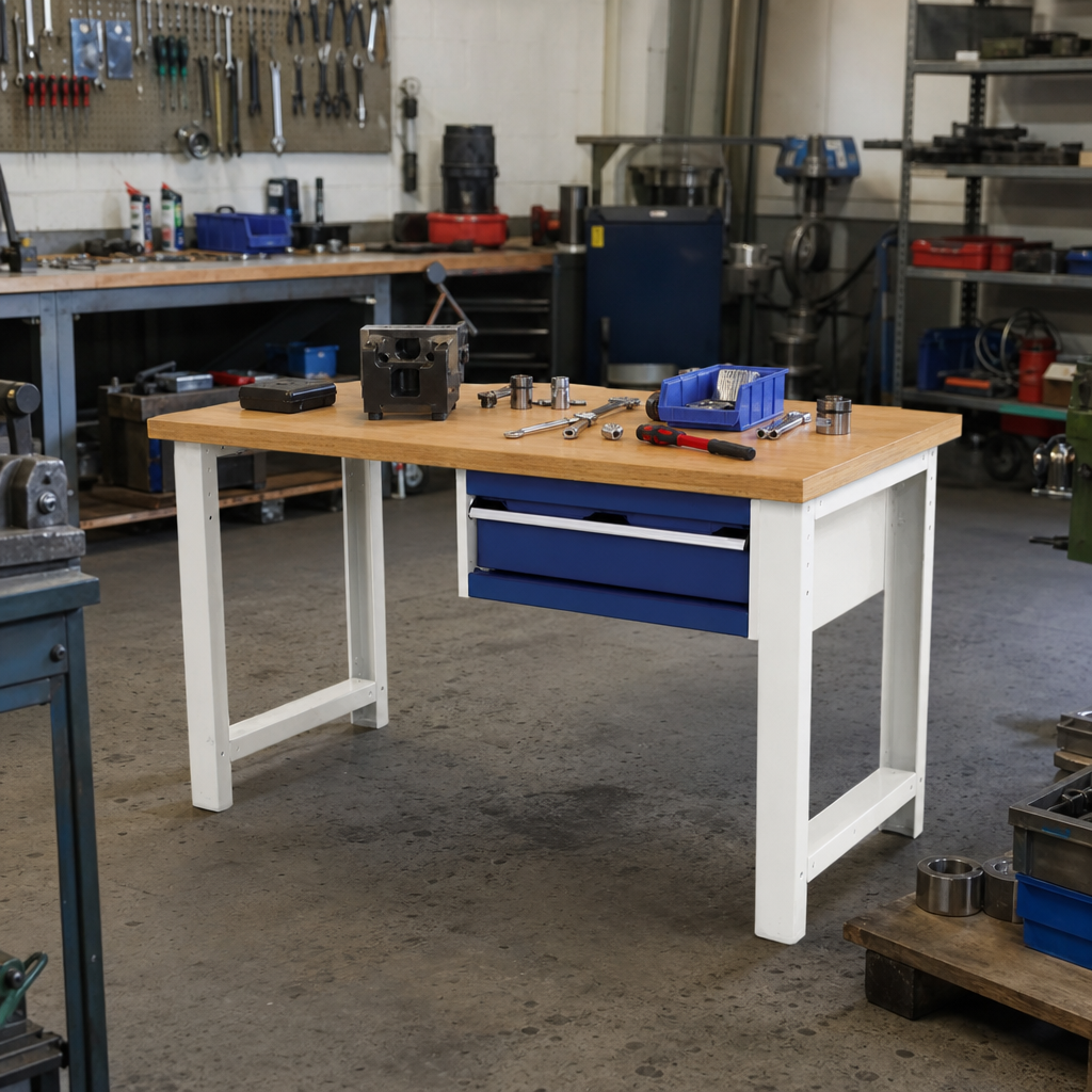 Heavy Duty Industrial Workbench with Drawer and Wooden Top