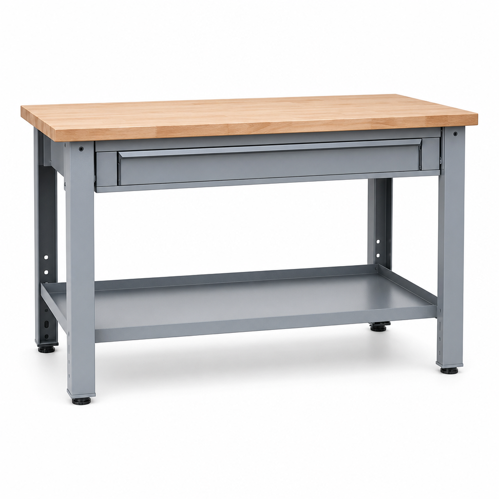 Heavy Duty Industrial Workbench with Drawer and Wooden Top