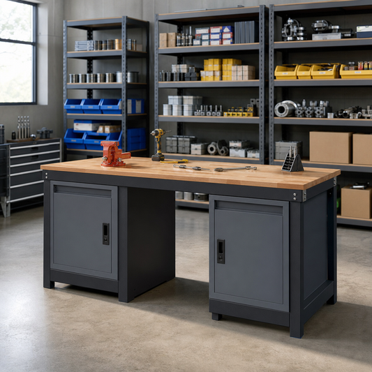 Heavy Duty Industrial Workbench with Twin Storage Cabinets