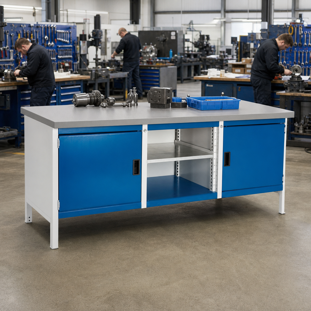 Heavy Duty Industrial Workbench with Twin Storage Cabinets