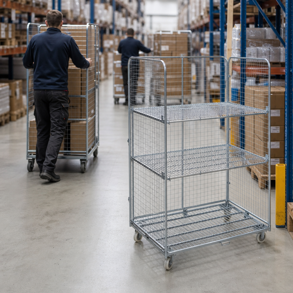 Heavy Duty Large Roll Cage with Shelves and Three Sides