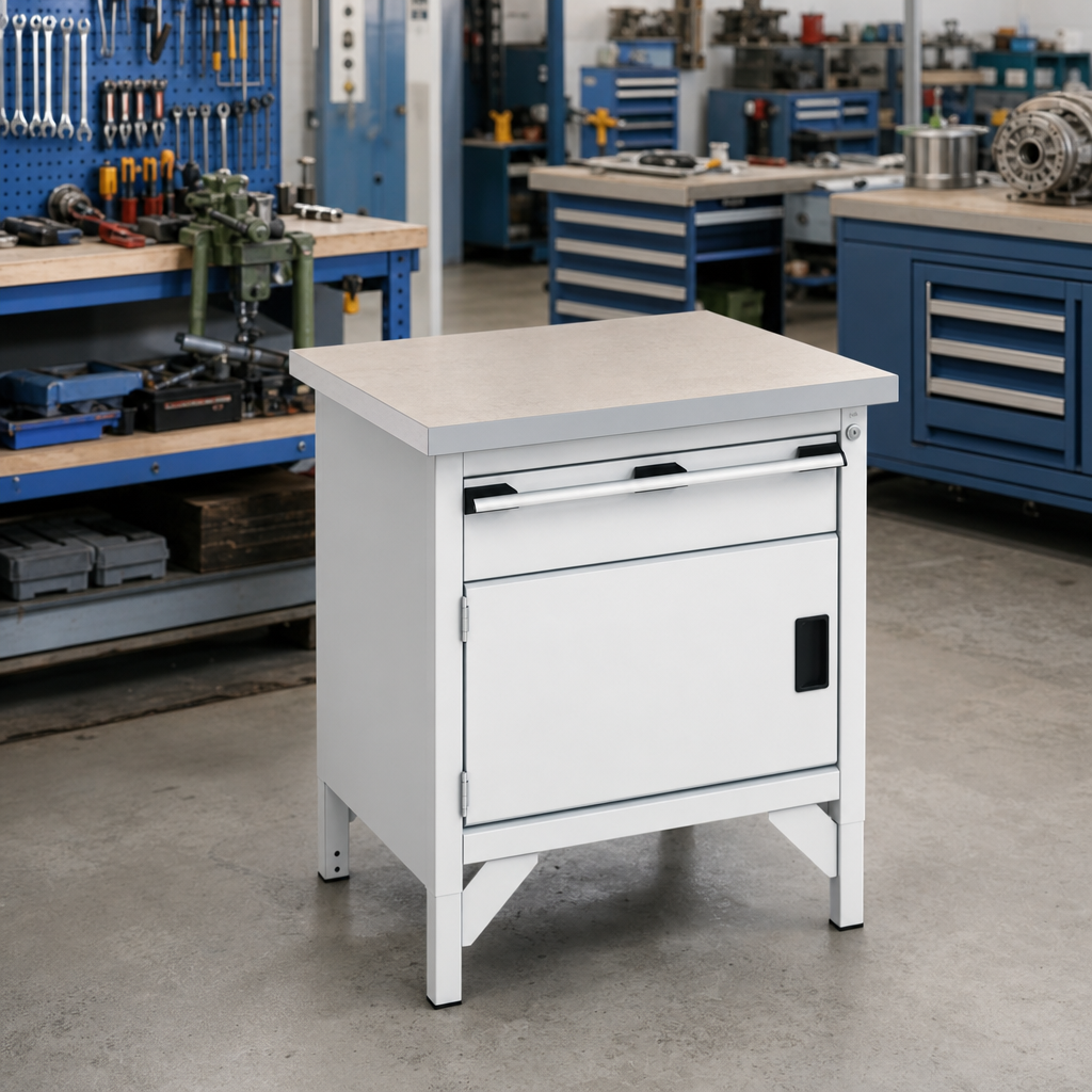 Heavy Duty Lino Top Workbench with Cupboard and Drawer 840x750x750mm