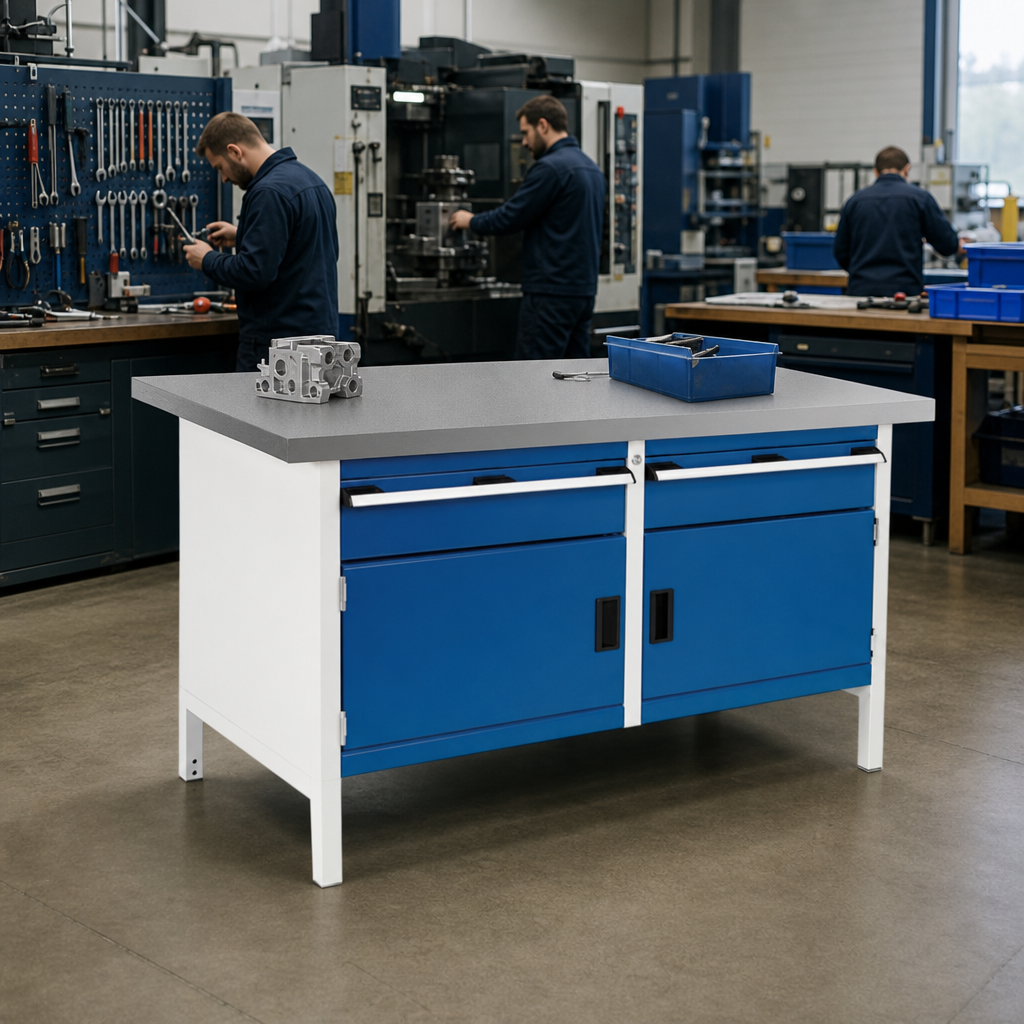 Heavy Duty Lino Topped Workbench with Drawers and Cabinets