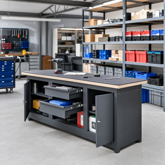 Heavy Duty Lino Topped Workbench with Drawers and Cabinets