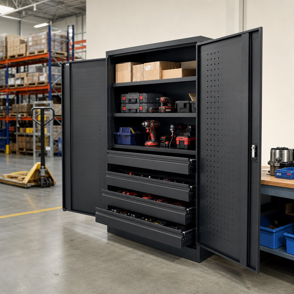Heavy Duty Steel Tool Cupboard with Drawers and Shelves 2000x1300x650mm
