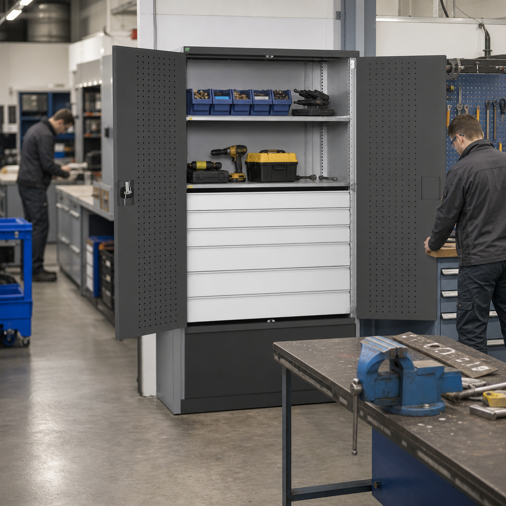 Heavy Duty Steel Tool Cupboard with Drawers and Shelves 2000x1300x650mm