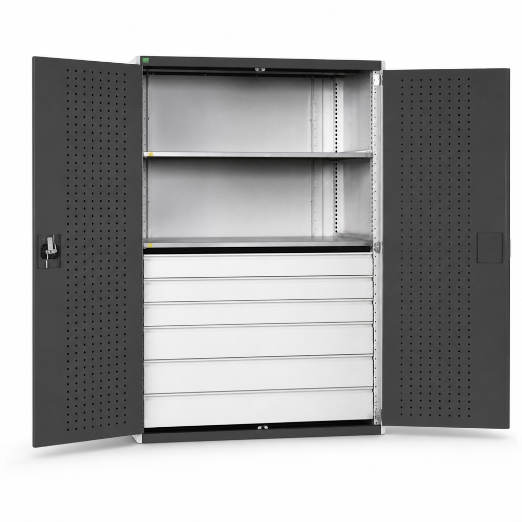 Heavy Duty Steel Tool Cupboard with Drawers and Shelves 2000x1300x650mm