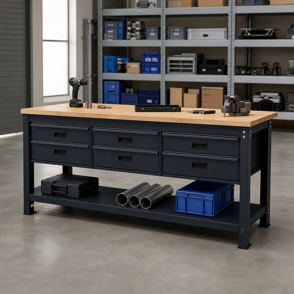 Heavy Duty Steel Workbench with 6 Drawers and Half Shelf