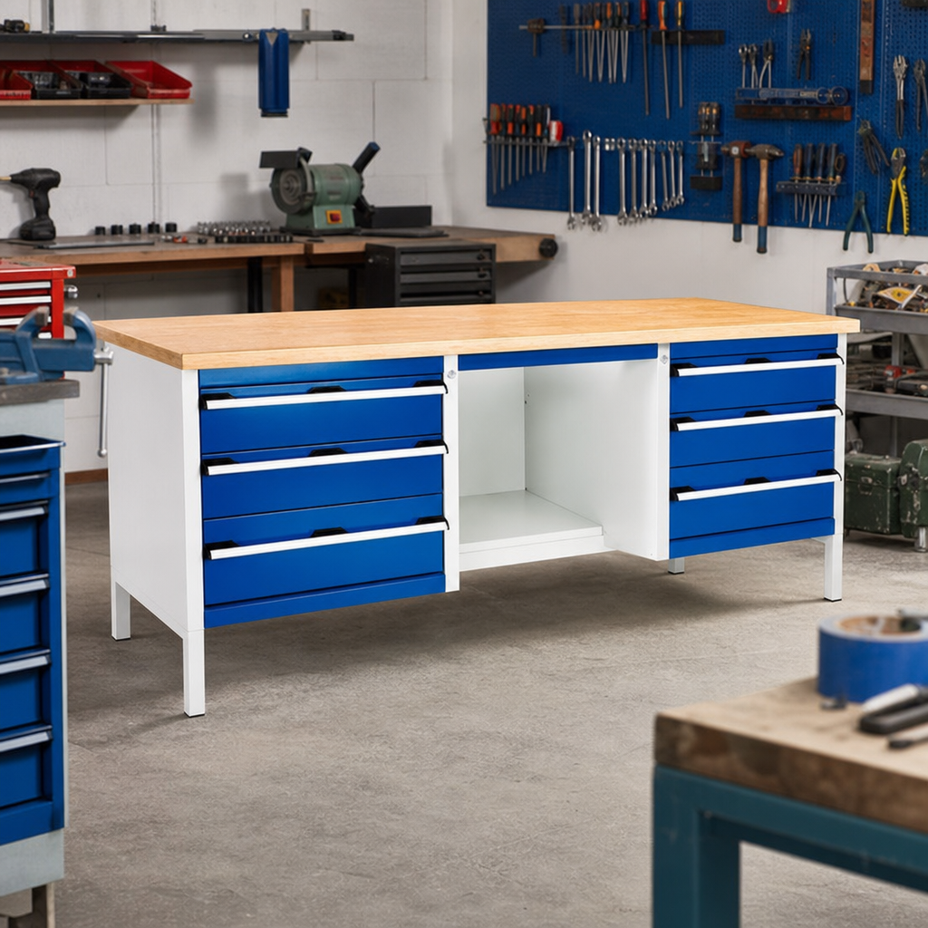 Heavy Duty Steel Workbench with 6 Drawers and Half Shelf