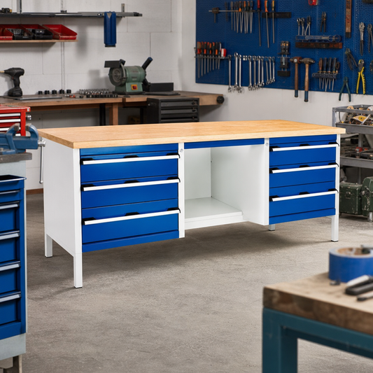 Heavy Duty Steel Workbench with 6 Drawers and Half Shelf