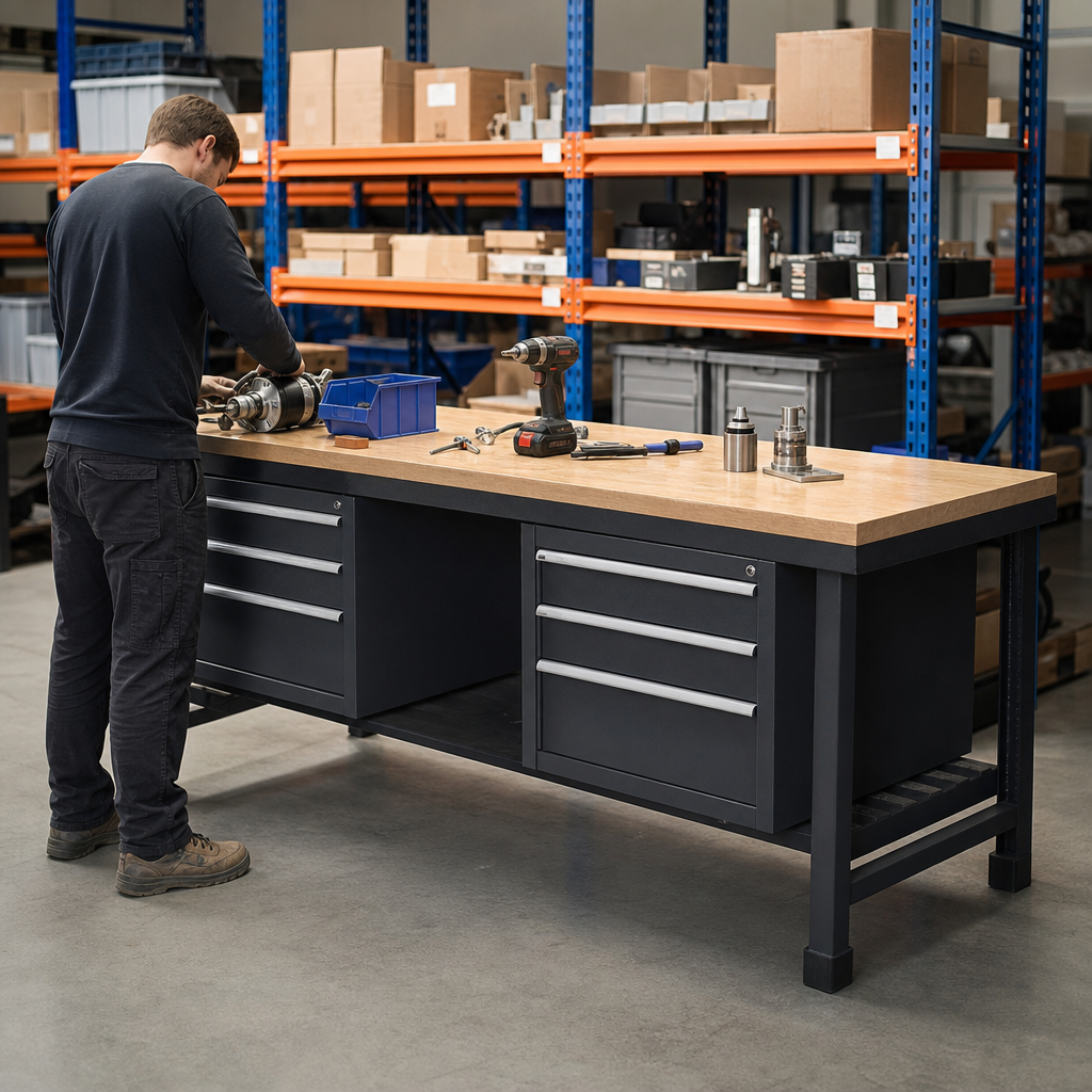 Heavy Duty Steel Workbench with Lino Worktop and Drawers 2000mm