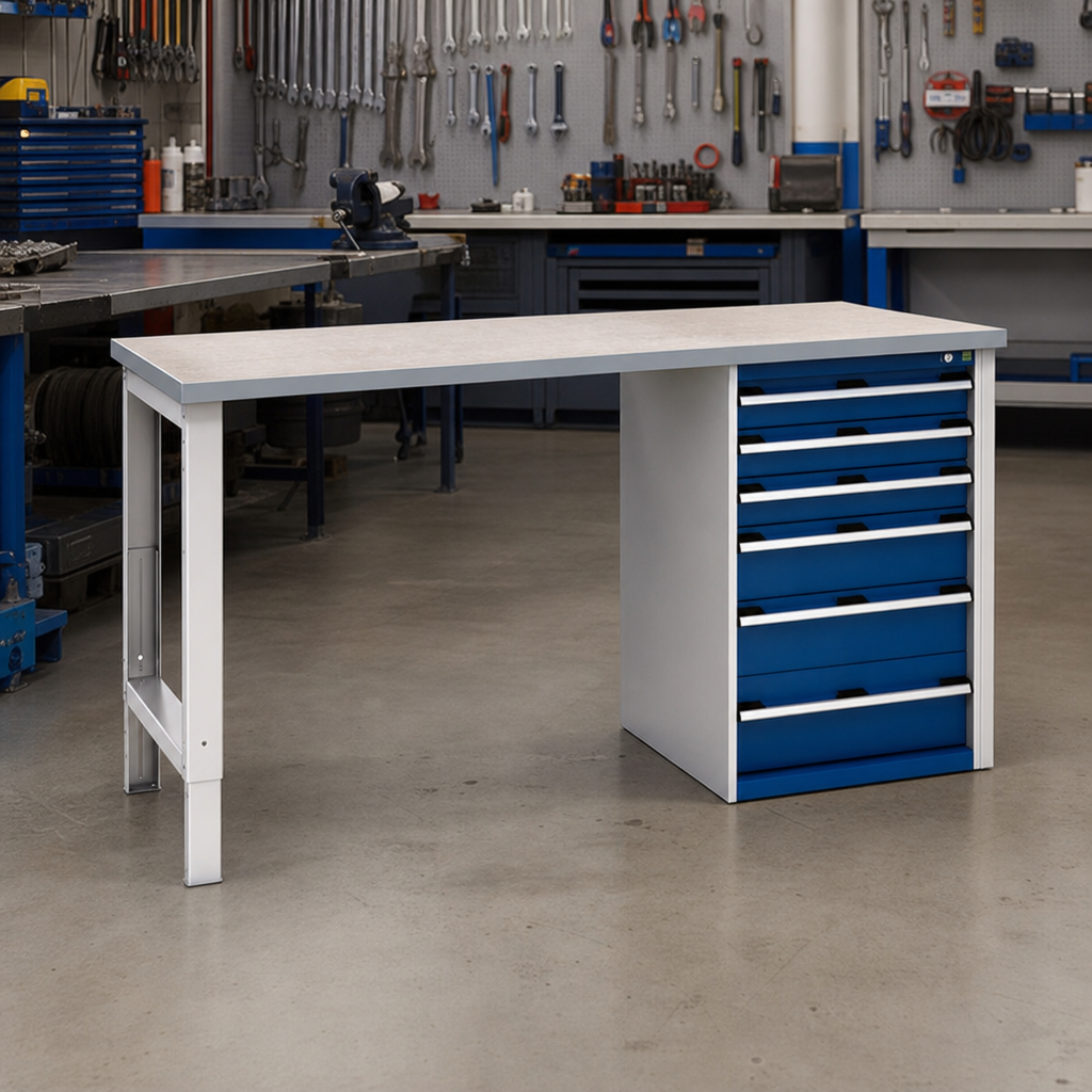 Heavy Duty Steel Workbench with Lino Worktop and Drawers 2000mm