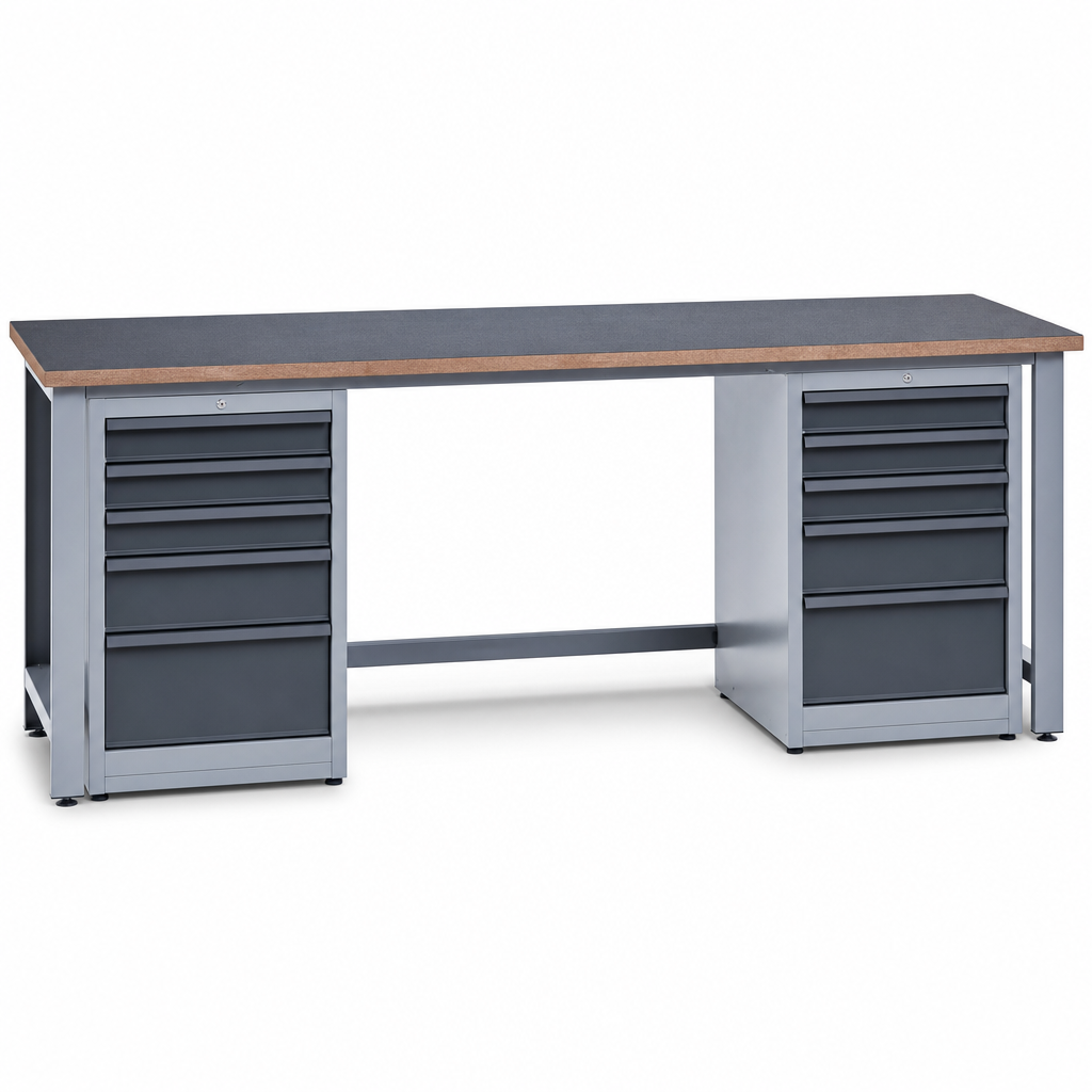 Heavy Duty Steel Workbench with Lino Worktop and Drawers 2000mm