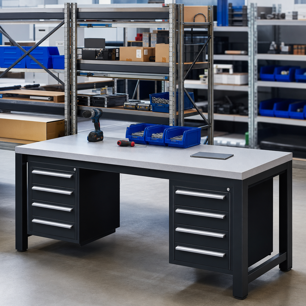 Heavy Duty Steel Workbench with Lino Worktop and Drawers