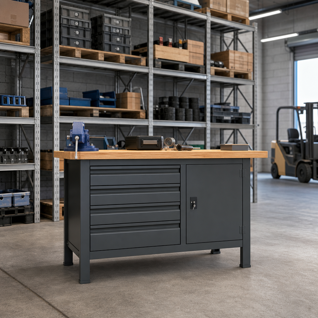 Heavy Duty Workbench with 4 Drawers and Cupboard